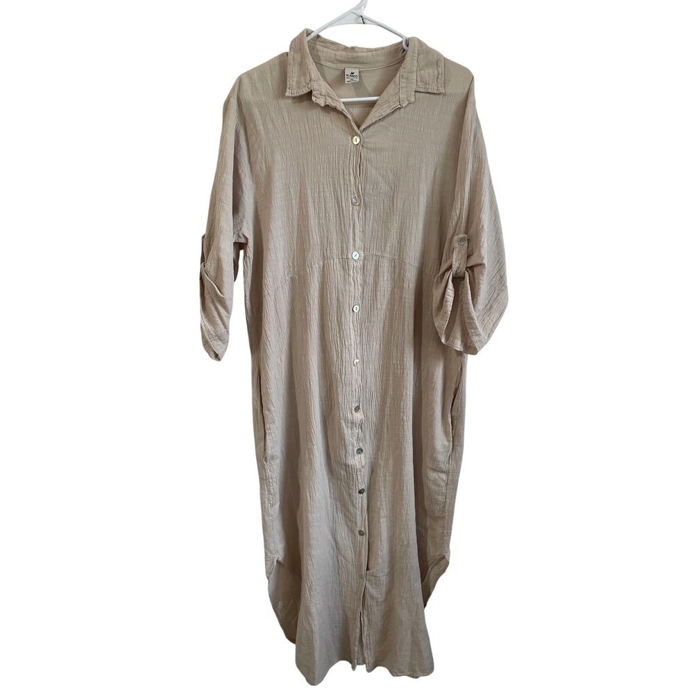 Blanco Womens XXL Tan Cotton Gauze Button Down Shirt Dress Lagenlook Pockets‎